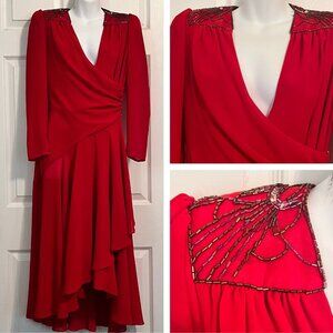 Casadei 80s Red Wrap Dress Asymmetrical Hem Bead Sequin Accents Size 10